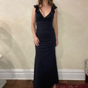 Lulus Navy Blue Floor Length Deep V Ruffled Gown in Size Small